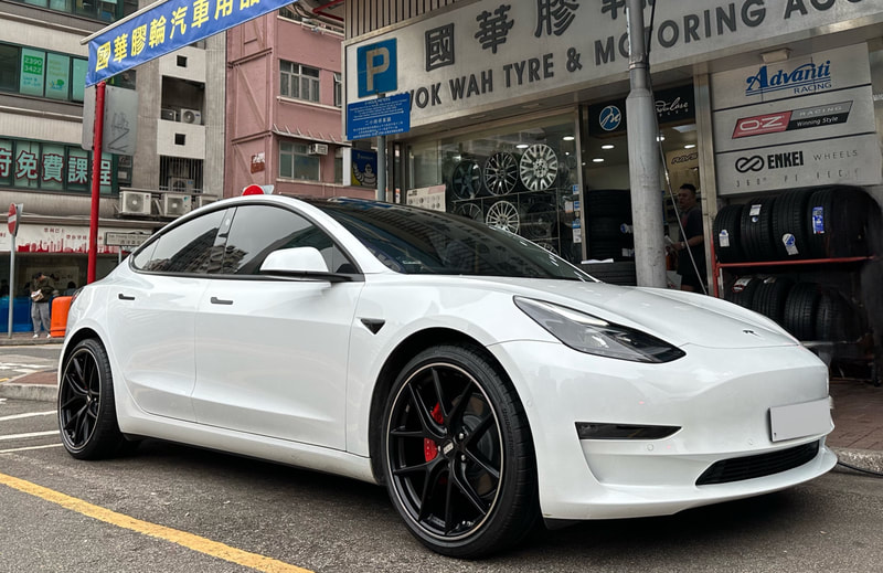 Tesla Model 3 and BBS CIR wheels and tyre shop hk and Bridgestone Potenza Sport tyreand 呔鈴