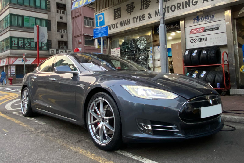 Tesla Model S and RAYS Volk Racing G25 Edge wheels and michelin pilot sport 4s tyre ps4s and tyre shop and 輪胎店