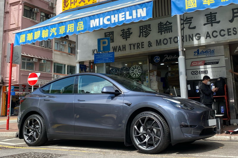 Tesla Model Y and RAYS Wheels VMF C01 and 呔鈴 and tyre shop hk and Michelin tyres