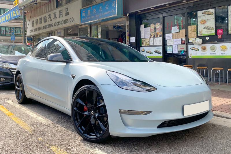 Telsa Model 3 Long Range and T Sportline TSS Flow Forged Wheels Satin Black and Michelin Pilot Sport 4S tyre and tyre shop hk
