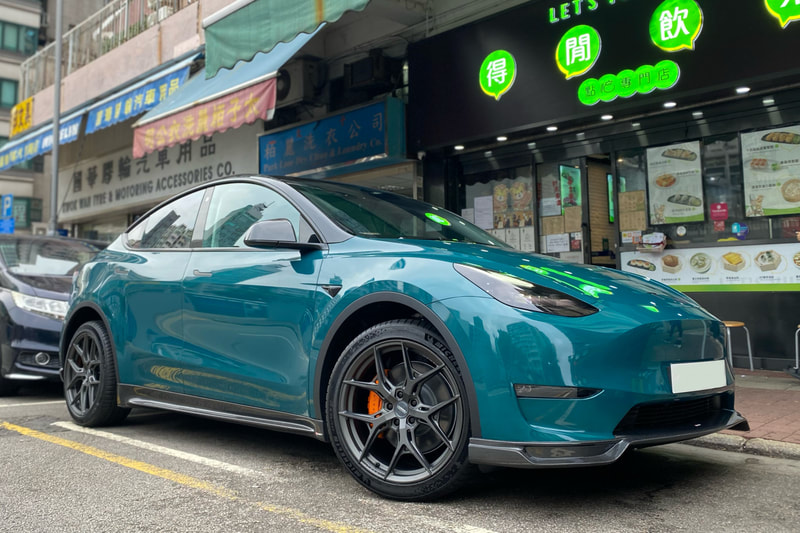 Tesla Model Y and Vossen Hybrid Forged HF5 wheels and tyre shop hk and michelin pilot sport ev tyre and 輪胎店