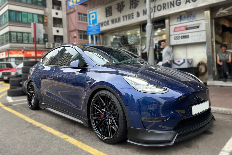 Tesla Model Y and Vossen Hybrid Forged HF7 wheels and tyre shop hk and Pirelli PZero tyre and 輪胎店